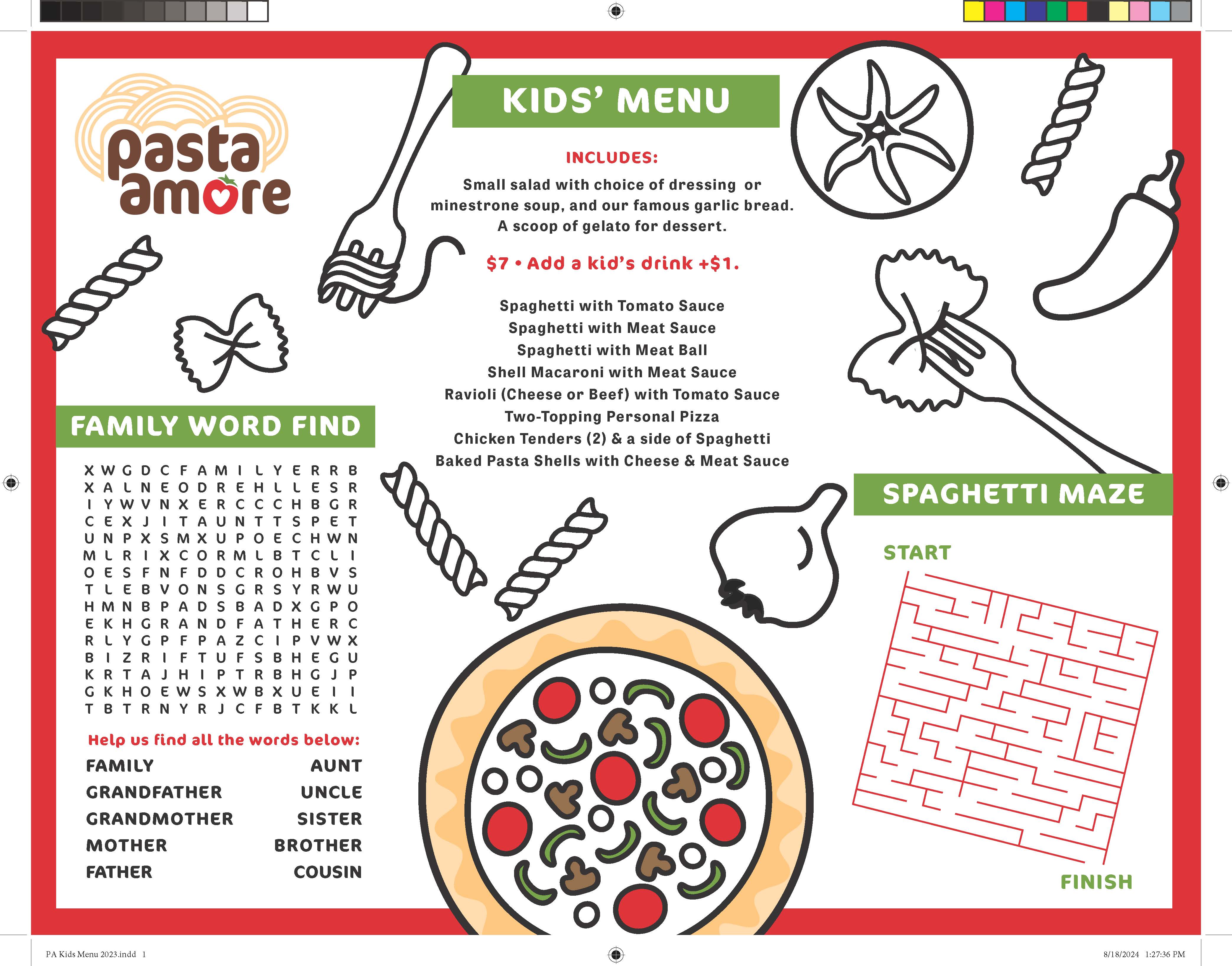 Pasta Amore Kids' Menu