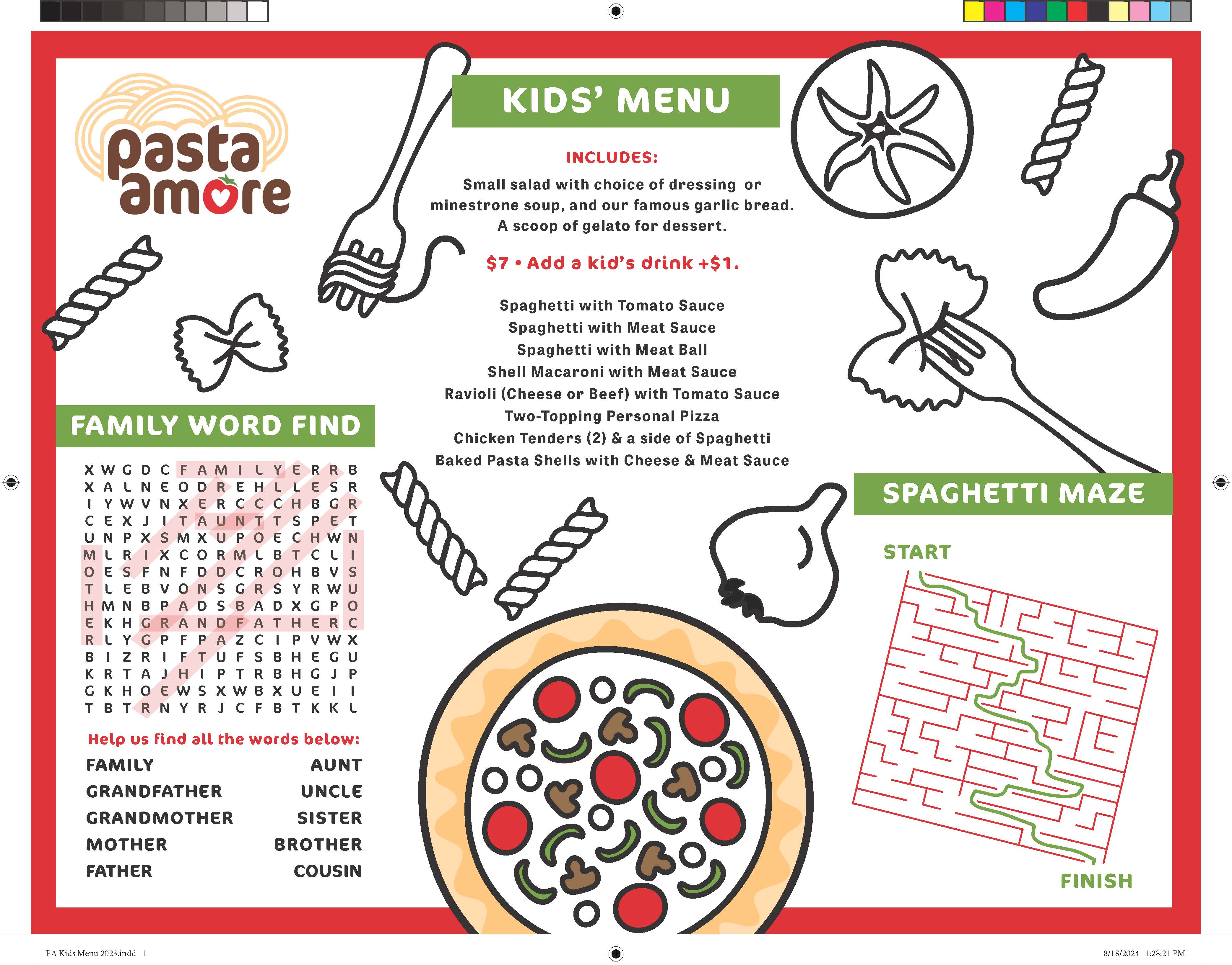 Pasta Amore Kids' Menu 2