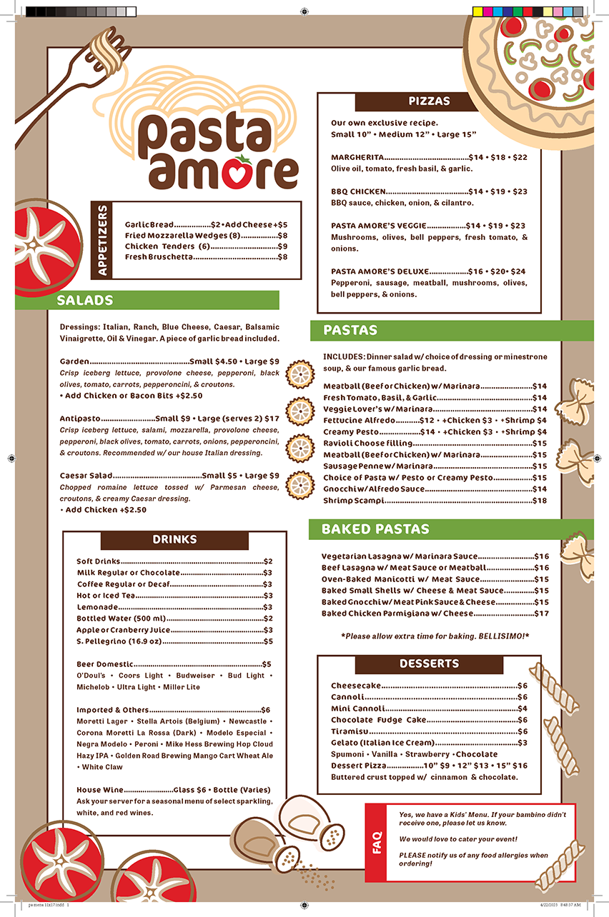 Pasta Amore Menu 2