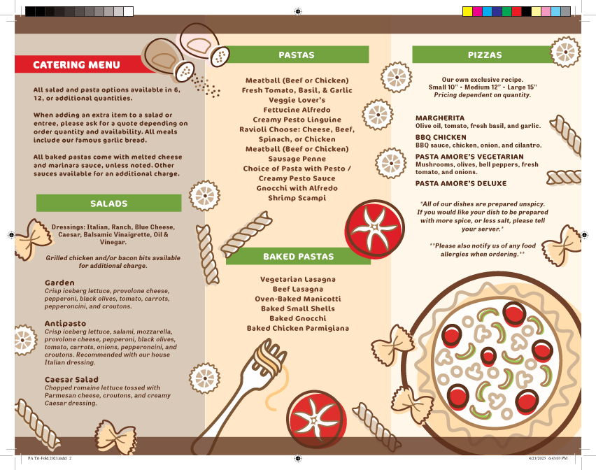 Pasta Amore Catering Tri-Fold Menu 2